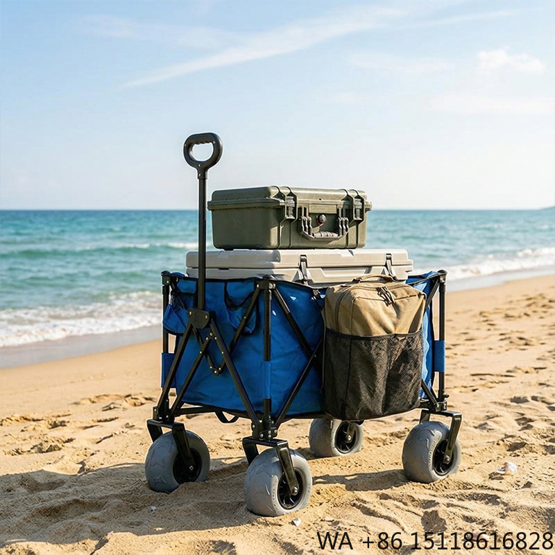 Outdoor Furniture Table - รถเข็นชายหาดโลหะพับได้ ล้อบอลลูนหมุนได้ ถอดประกอบง่าย ขนาดกะทัดรัดและกว้างขวาง เหมาะสำหรับการตั้งแคมป์