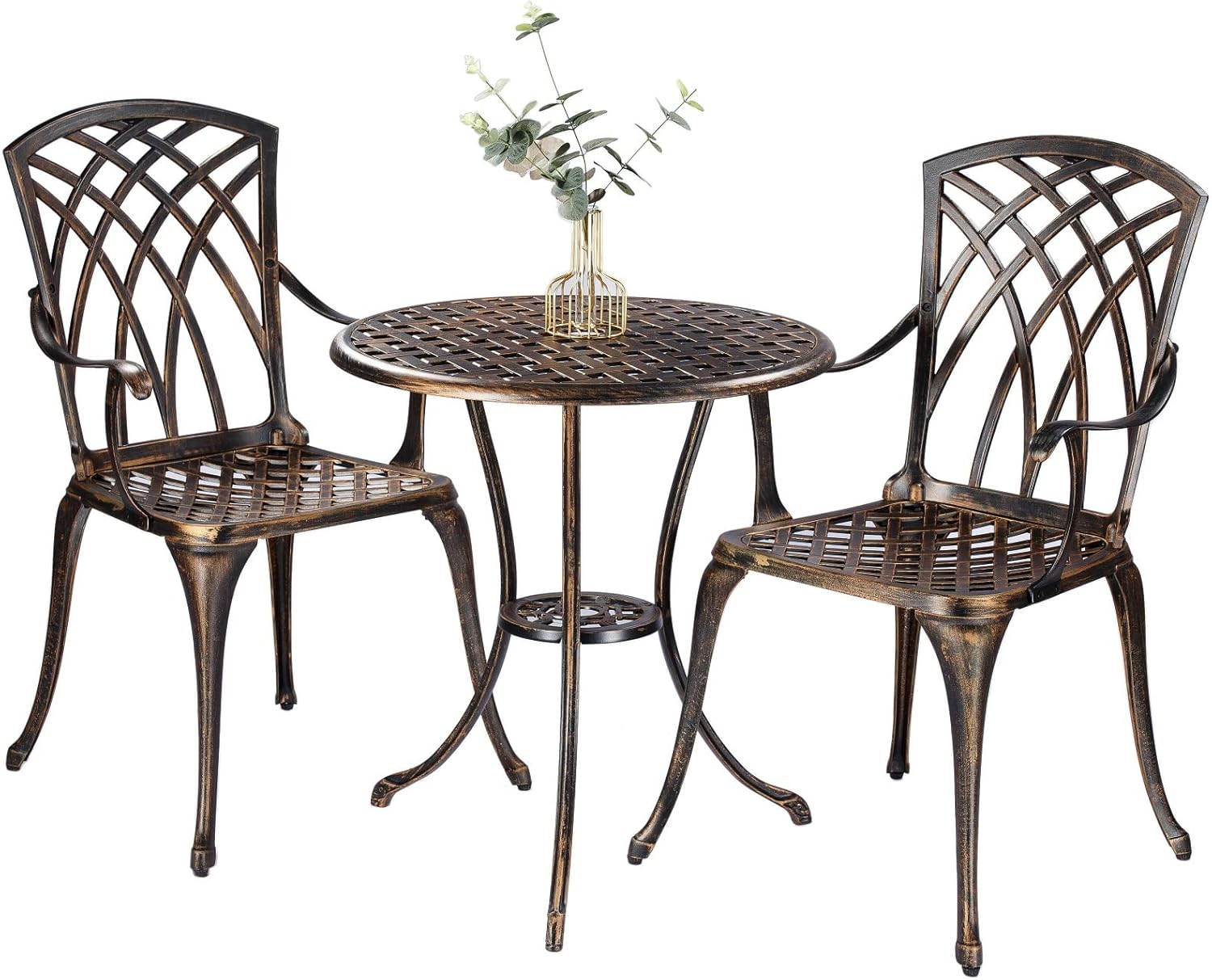Outdoor Furniture Table - ชุดบิสโทรกลางแจ้ง 3 ชิ้น ทำจากอะลูมิเนียมหล่อเคลือบสีบรอนซ์ ทนทานต่อการเกิดสนิม พร้อมโต๊ะทรงกลมที่มีช่องสำหรับร่ม